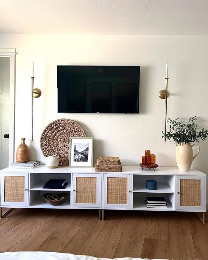 Nathan James Mina Modern TV Stand, Entertainment Cabinet, Media Console with a Natural Rattan Storage Doors, White Finish and Gold Brass Accents for Living Room or Media Room, White/Gold