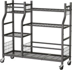 Garden Tool Organizer with Wheels for Garage and Shed, Spacious Tool Storage, Multi-Tier Design with Side Hooks for Rakes, Shovels, Brooms, and Yard Tools Rolling Cart