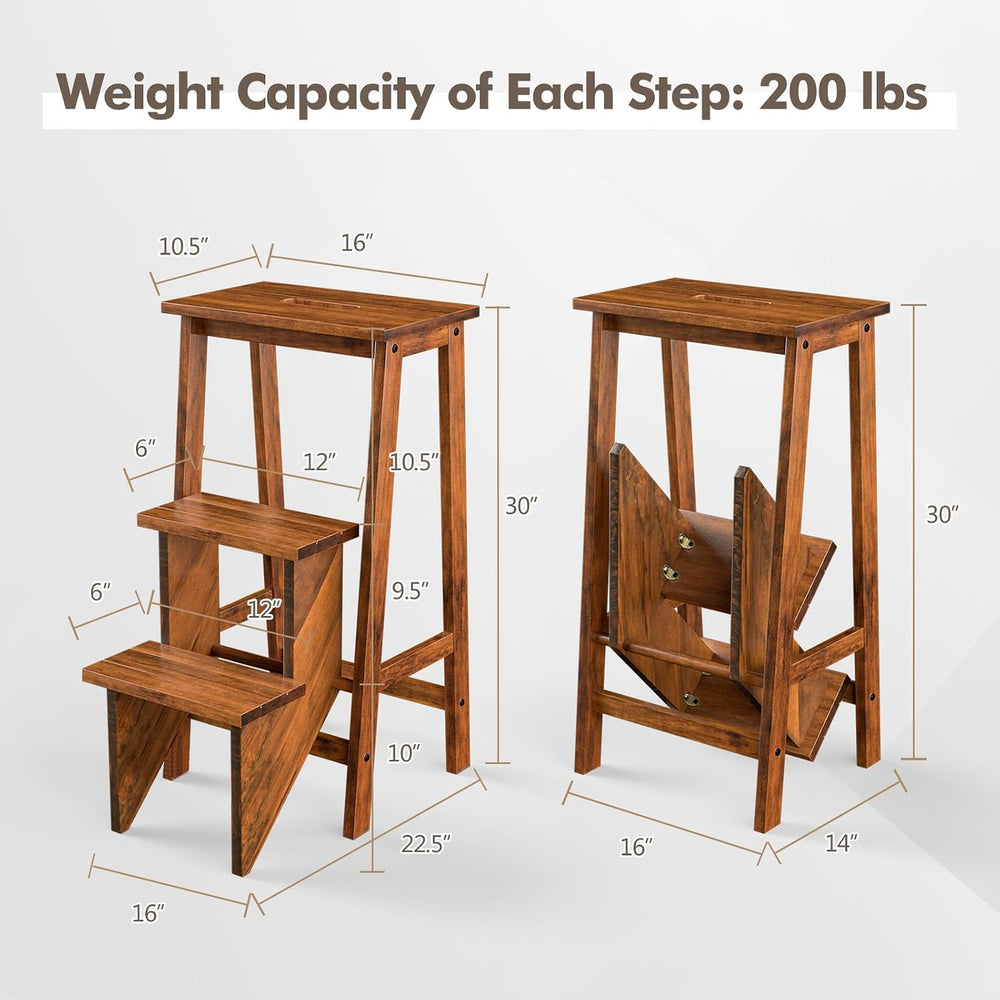 Giantex 3 Tier Folding Step Ladder, Multifunction 3-in-1 Wood Step Stool, Dis...