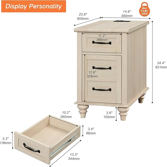 WAMPAT Beige End Table with Charging Station, Wooden Side Table with Storage ...
