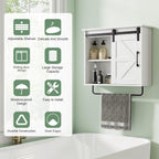 Bathroom Wall Cabinet Over Toilet Sliding Door 23x19 Inch Farmhouse Medicine Cabinet with Towel Bar Motion Sensor Light Adjustable Shelves White Above Toilet Storage for Laundry or Kitchen
