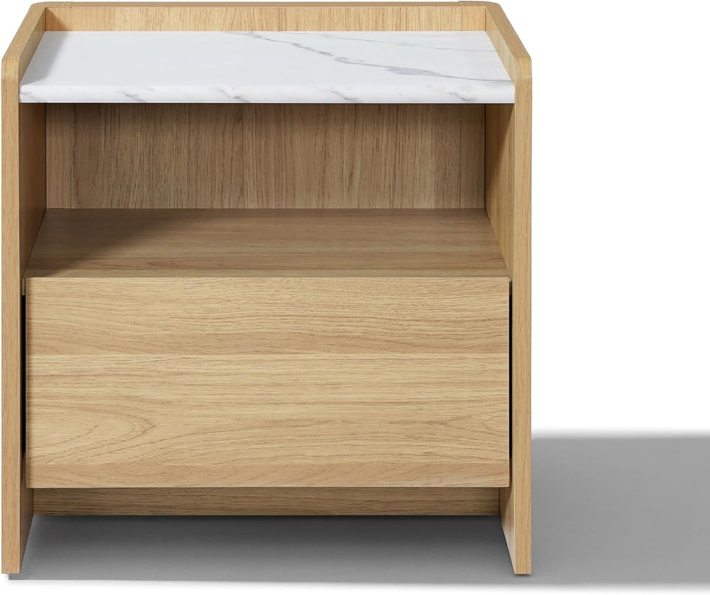 LuxenHome Nightstand with Drawer and Shelf, 18.8'' Wood Japandi Moder...