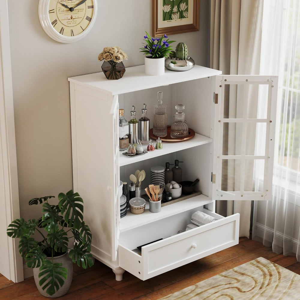 KEIKI Sideboard Buffet Cabinet with Glass Doors and Drawer, Wooden Storage Ca...