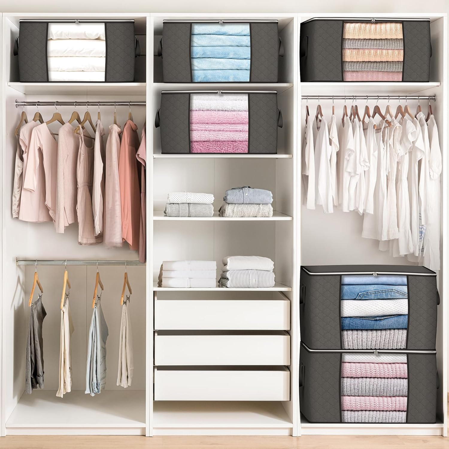 Budding Joy 90 L Large Storage Bags, 10 Pack Clothes Storage Bins Foldable Closet Organizers Storage Containers with Reinforced Handle for Clothing, Blanket, Comforters, Bed Sheets, Pillows (Gray)