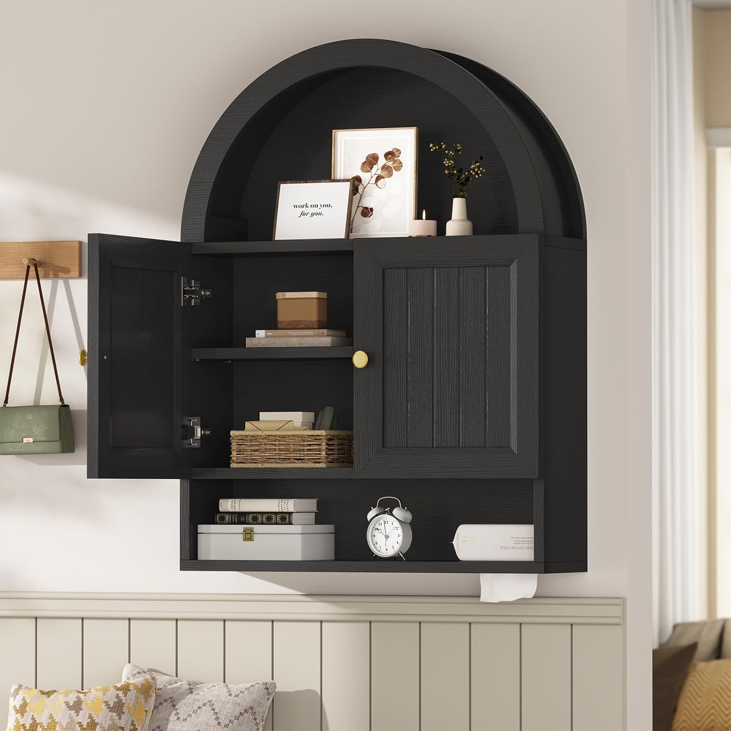 Arched Bathroom Wall Cabinet, 27.4 x 36.4'' Over The Toilet Cabinet with Grille Door, Adjustable Shelf, Wall Mounted Cabinets for Bathroom Laundry Room Kitchen (Black, 36IN)