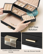Vlando 3 Layer Jewelry Box - Women Jewelry Box with Retractable Tray - Jewelry Organizers with Drawer for Necklaces, Rings, Bracelets, Earrings, Gift for Couples Mom Girls - Black