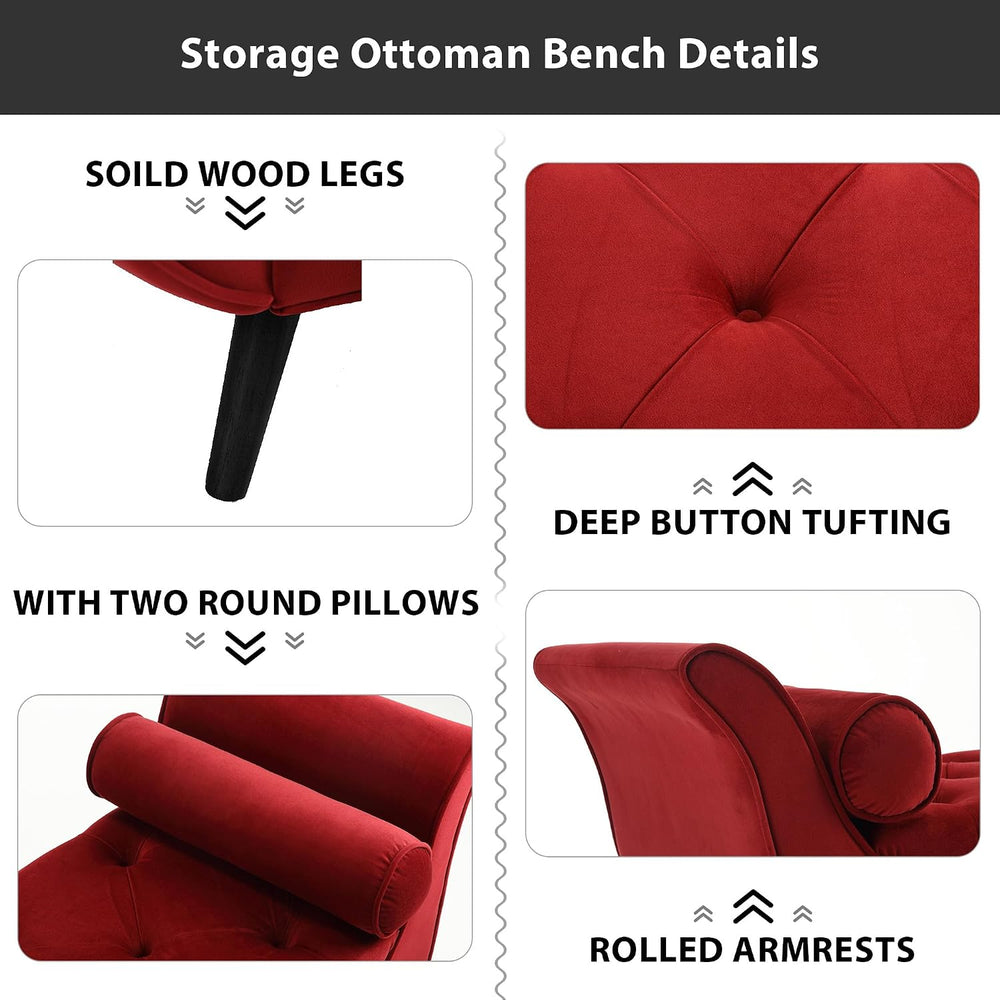 65" Storage Benches Velvet End of Bed Bench Storage Ottoman with Button-...