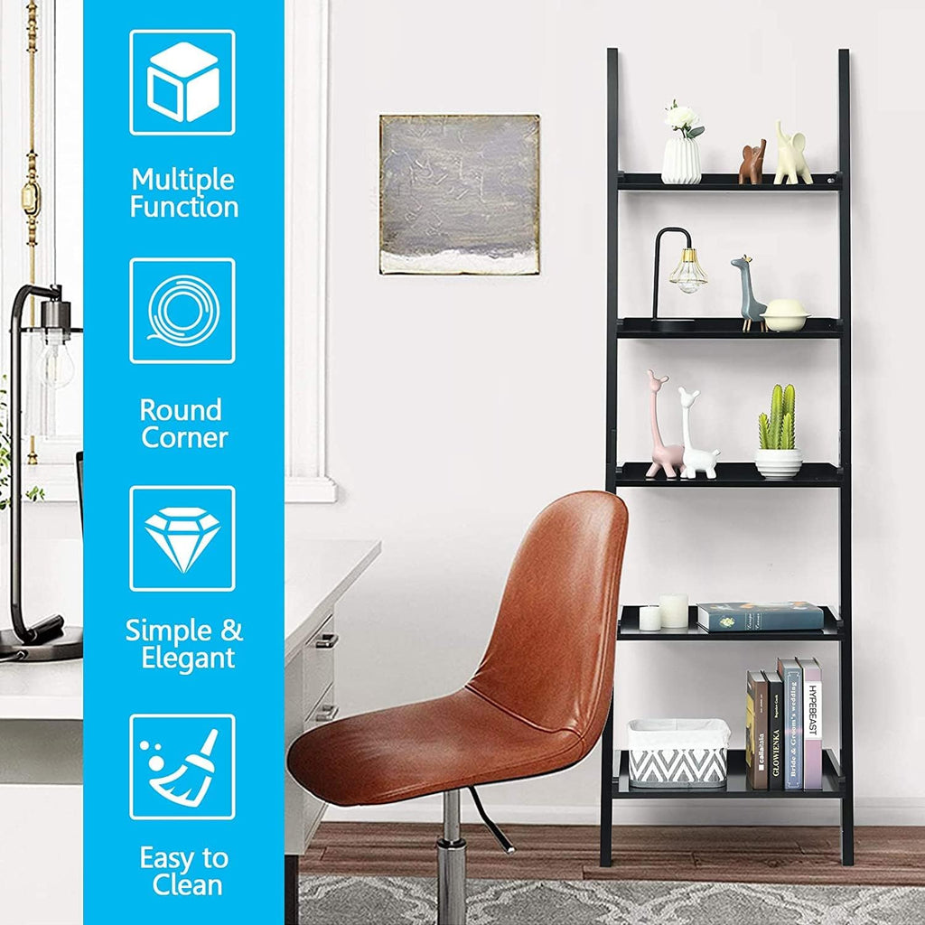 Ladder Shelf, 5-Tier Wall-Leaning Bookshelf, Rustic Wood Ladder, Storage Rack Shelves, Multipurpose Organizer Rack for Living Room, Bathroom, Office (Black)