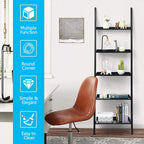 Ladder Shelf, 5-Tier Wall-Leaning Bookshelf, Rustic Wood Ladder, Storage Rack Shelves, Multipurpose Organizer Rack for Living Room, Bathroom, Office (Black)