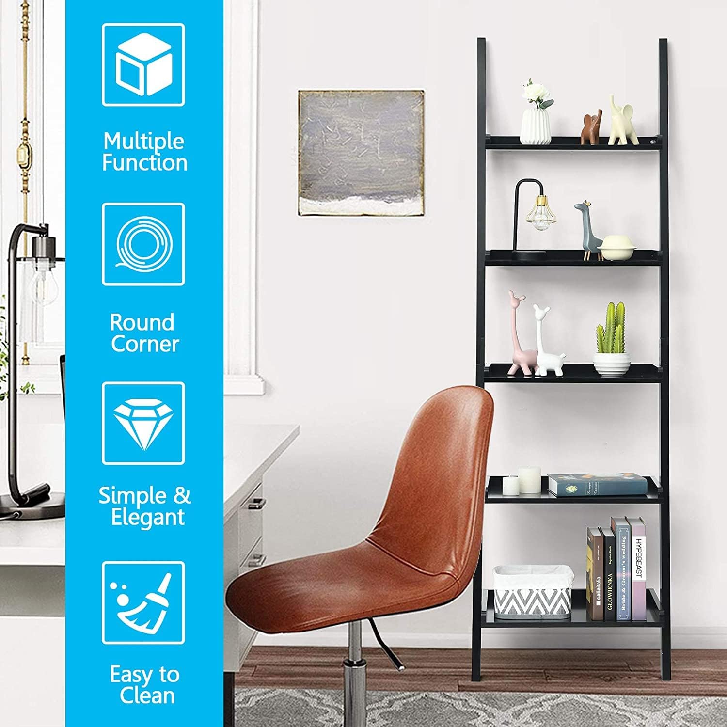Ladder Shelf, 5-Tier Wall-Leaning Bookshelf, Rustic Wood Ladder, Storage Rack Shelves, Multipurpose Organizer Rack for Living Room, Bathroom, Office (Black)