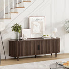 VOWNER 63" Fluted TV Stand, Modern Entertainment Center for TVs Up to 65" with Adjustable Shelves and Sliding Doors, Curved Media Console Table with Storage Cabinet for Living Room Bedroom (Walnut)