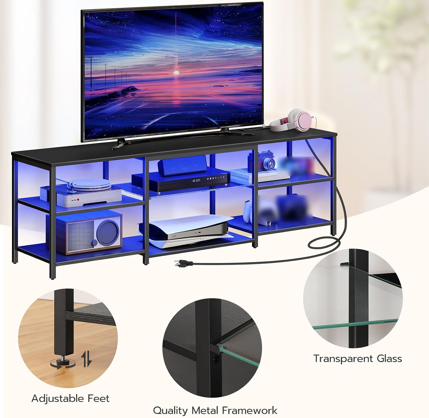 HOOBRO LED TV Stand for 75 Inch TVs with Charging Station, Gaming Entertainment Center with 3-Tier Open Storage, Long 63” Media TV Console Table, TV Stand for Living Room, Bedroom, Black BB21UDDS01