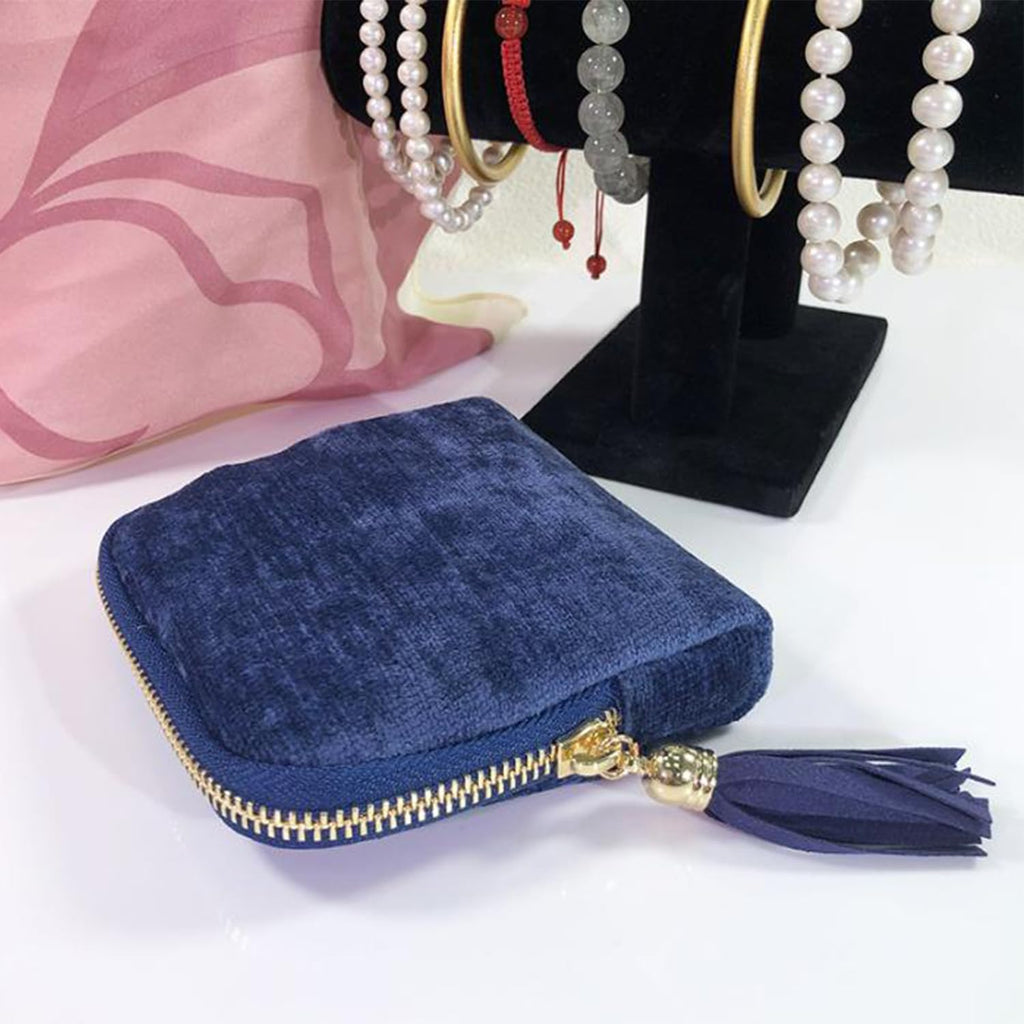 Travel Jewelry Case, Portable Jewelry Storage Bag, Compact Foldable Five Compartments Organizer Pouch with Zipper & Tassel for Earring Necklace Ring Bracelet (Rose red)