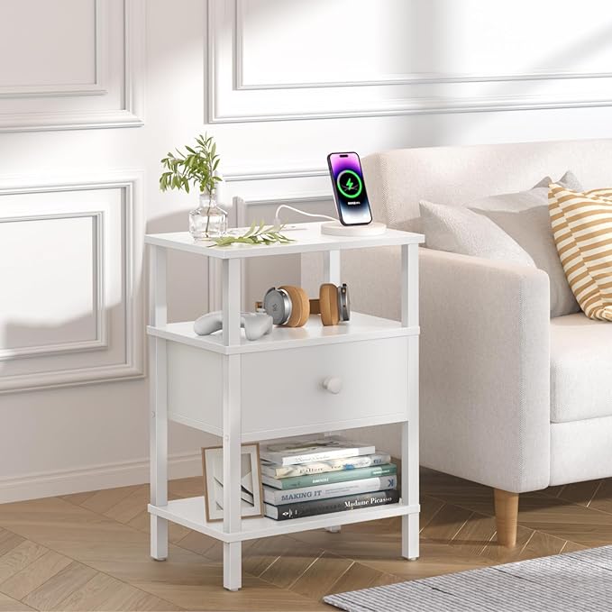 Lerliuo Nightstand Set of 2 with Charging Station and USB Ports, 3-Tier Stora...