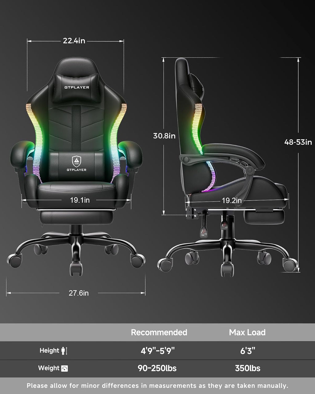 GTPLAYER RGB Gaming Chair with Footrest, Computer Gaming Chair with LED Lights for Adults, Height Adjustable PC Gamer Chair with 90-155° Recline & Removable Headrest Lumbar Support, RGB Black