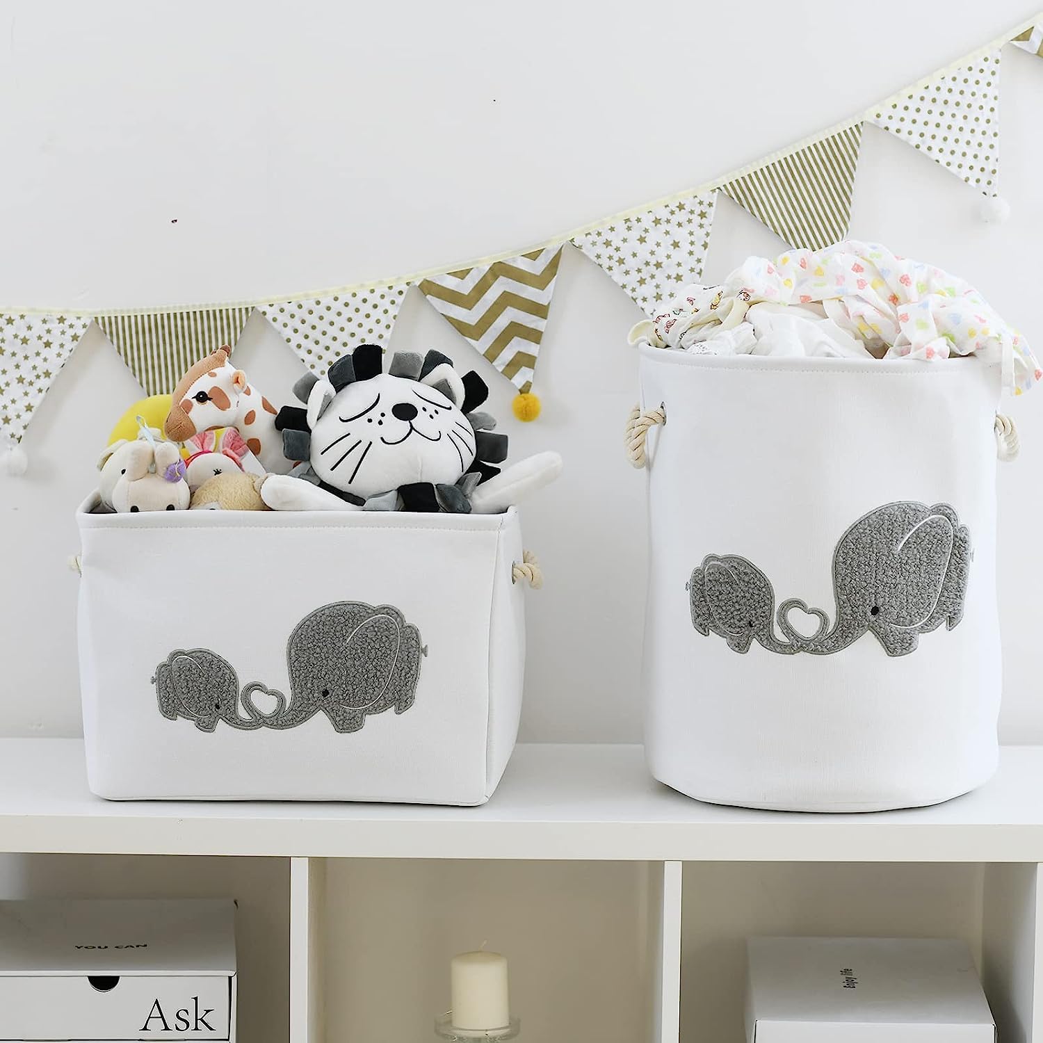 I nylon 2-Pack Storage Baskets, Nursery Size, Hamper & Laundry, Mother Baby Gift, Elephant Decor