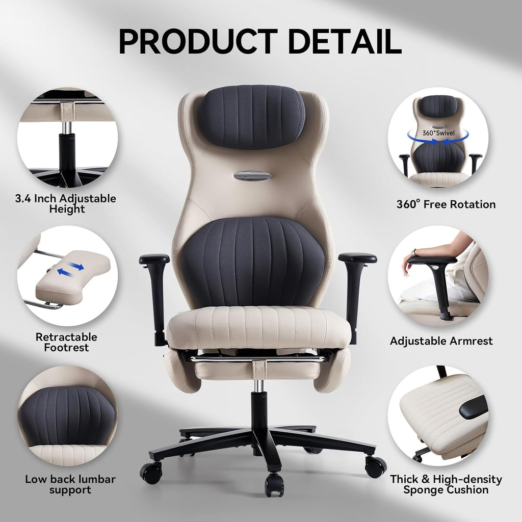 EMIAH Ergonomic Office Chair with Foot Rest Reclining Office Chair with Adjustable Arms and Headrest High Back Gaming Chair with Lumbar Support, PU Leather(Beige)