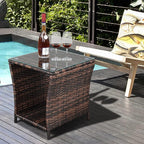 Bonnlo Small Garden Table, Rattan Patio Table with Glass Top & Shelf Under, Weatherproof for Indoor Outdoor, 46x46x50cm Brown