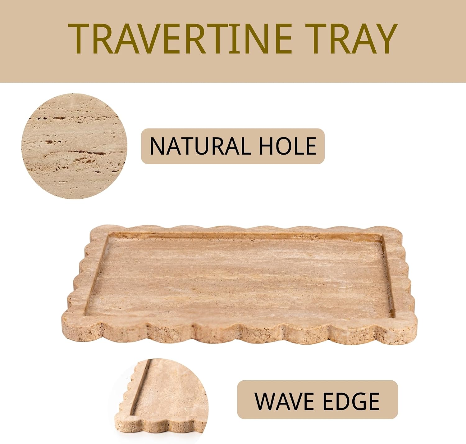 Real Luxurious Natural Marble Tray for Home Decor for Bathroom/Kitchen/Vanity/Dresser Non-Resin (Beige Travertine, 11.4"*7.8")