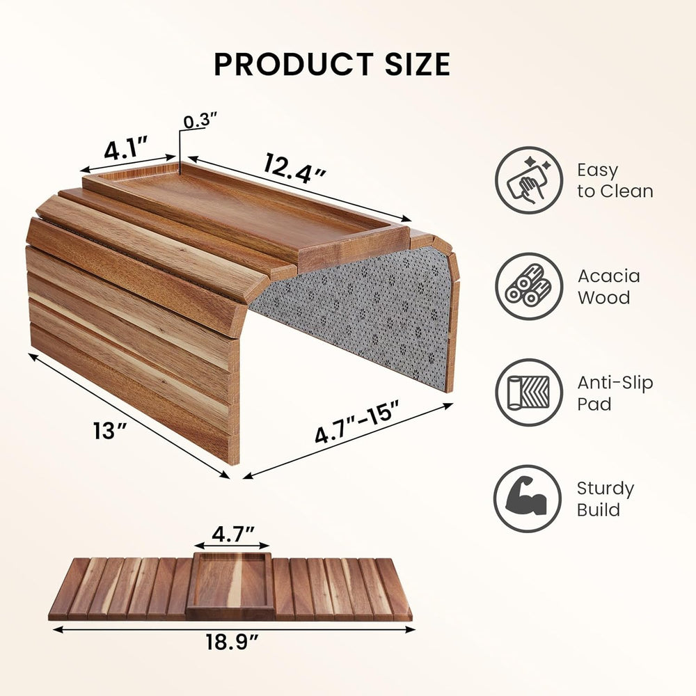 Sofa Arm Tray,Acacia Wood Folding Couch Arm Tray,Sofa Armrest Trays with Anti...