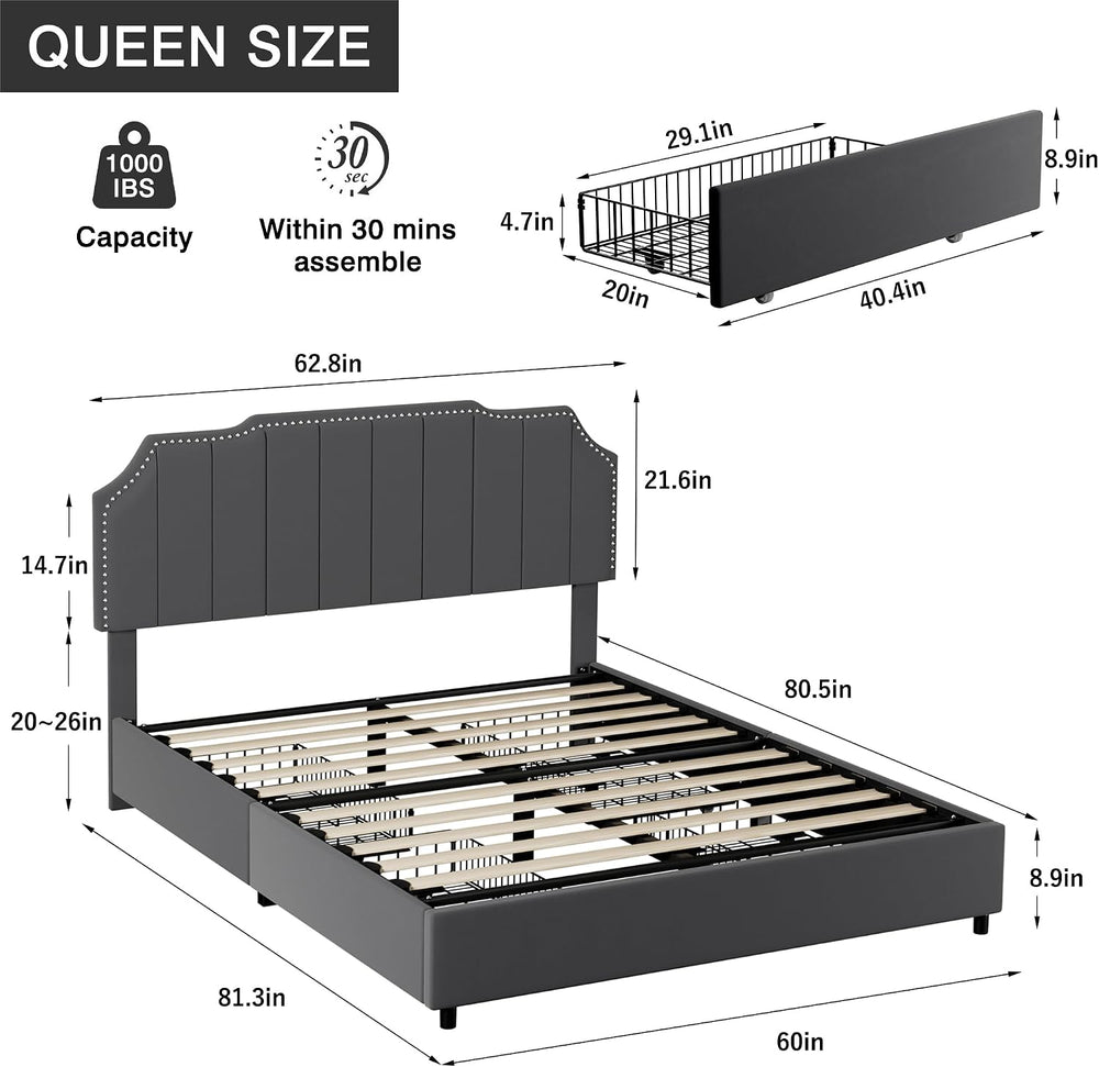 VECELO Queen Bed Frame with 4 Storage Drawers & Upholstered Platform &amp...