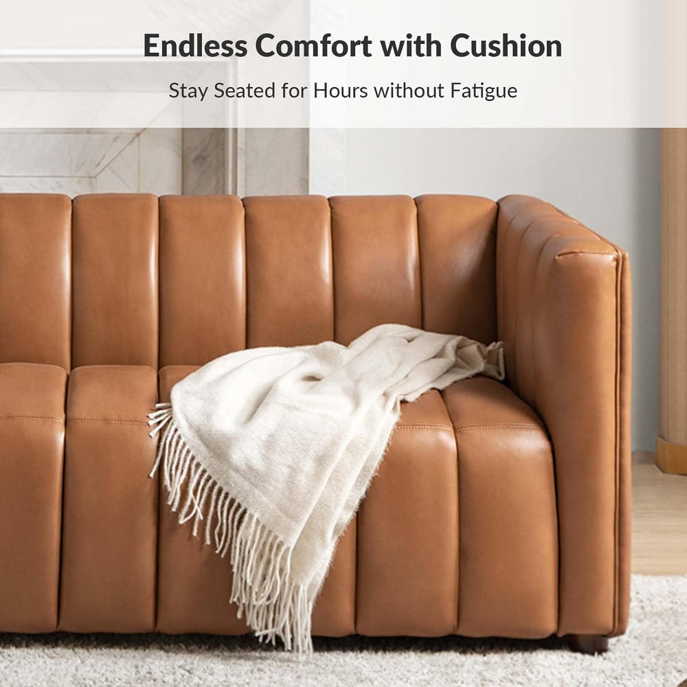 HULALA HOME 83" Genuine Leather Sofa with Channel Tufted Design, Camel