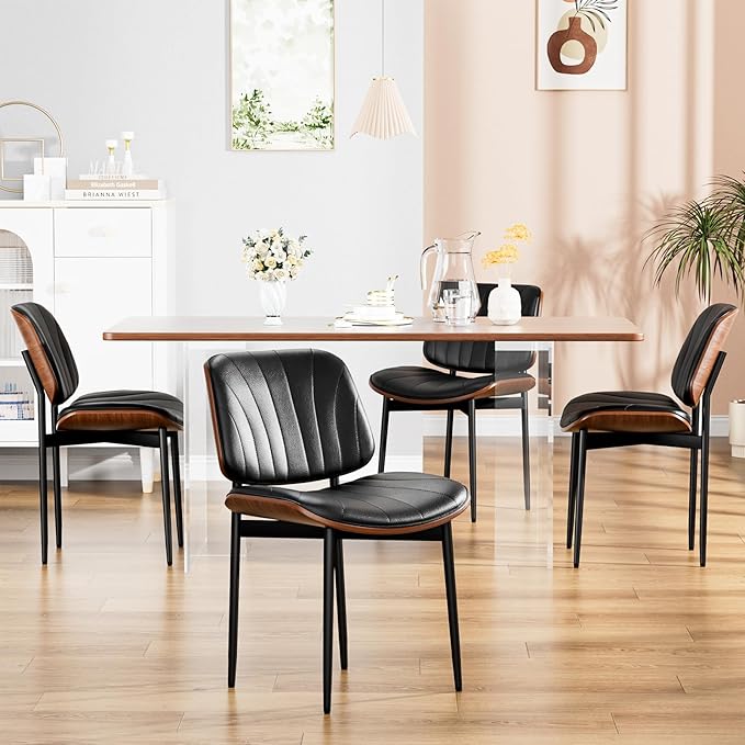 Dining Chairs Set of 6, Dining Room and Kitchen Chairs, FSC Certified Mid Century Modern Accent Chair, Upholstered PU Leather Chairs for Vanity with Walnut Bentwood and Metal Legs, Black