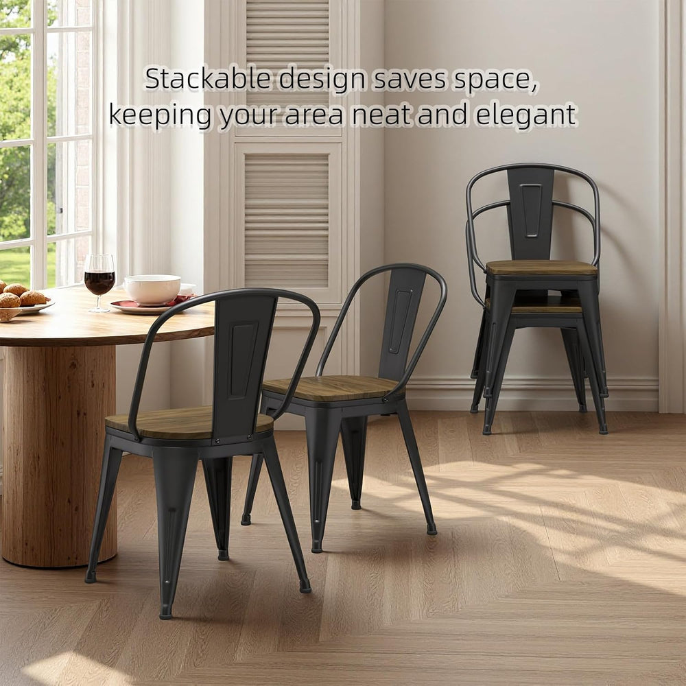 18 Inch Dining Chairs Set of 4, Farmhouse Metal Chairs with High Back and Woo...