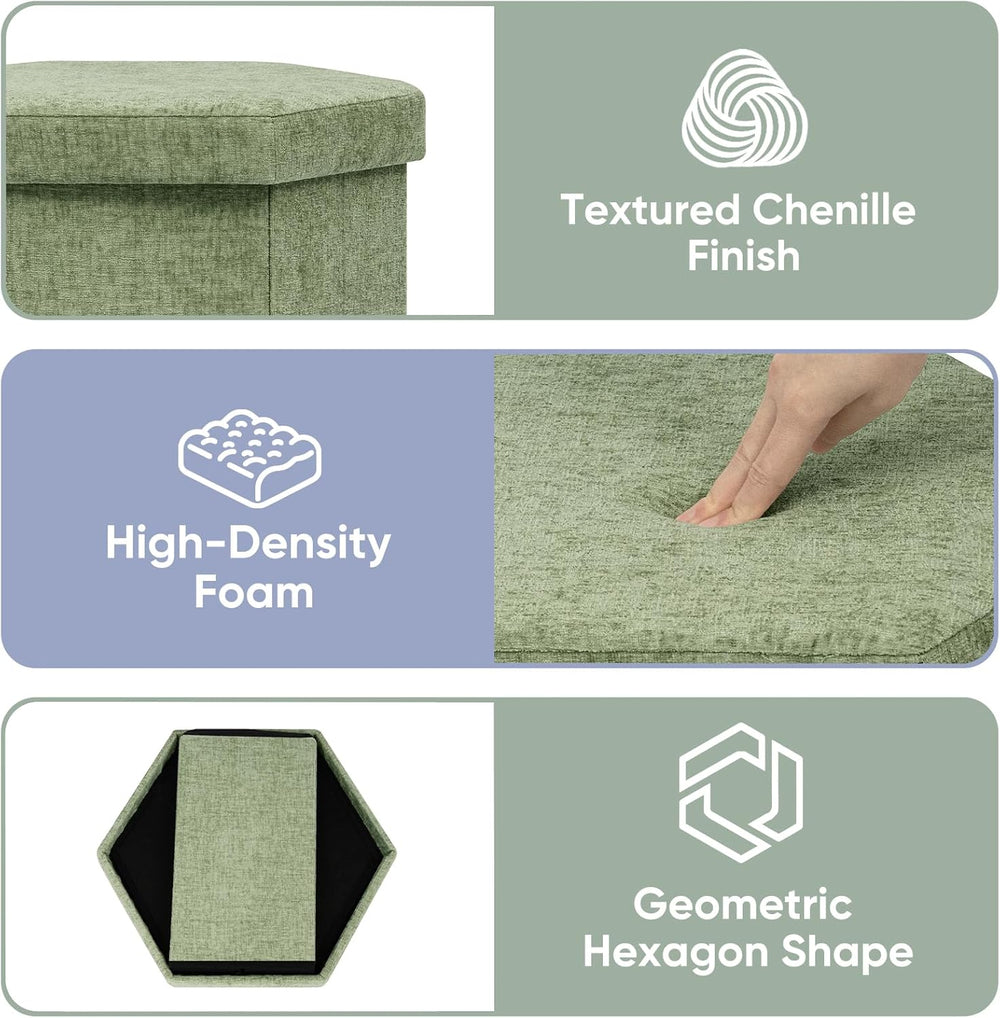 Hexagon Storage Ottoman, Foldable Chenille FootRest with Hidden Storage, Smal...