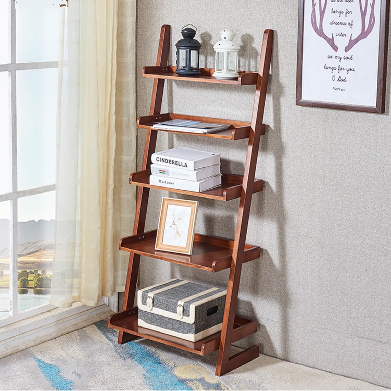 5-Tier Ladder Shelf, Minimalism Wood Ladder Bookshelf L-Shaped Leaning Storage Bookshelf Freestanding Open Bookcase for Living Room Bedroom Offices (Walnut Brown)