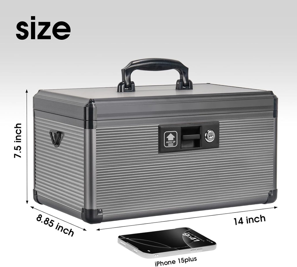 Medicine Lock Box with Key, Alluminum Alloy Box for Medication,First Aid Box with a Removeable Tray to Store Medicines & Pills for Home, Black, 14 * 8.46 * 7.48 Inch