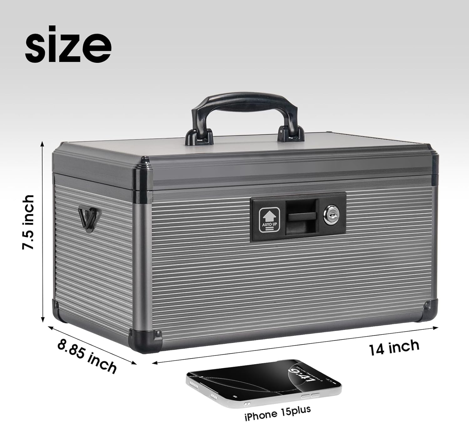 Medicine Lock Box with Key, Alluminum Alloy Box for Medication,First Aid Box with a Removeable Tray to Store Medicines & Pills for Home, Black, 14 * 8.46 * 7.48 Inch