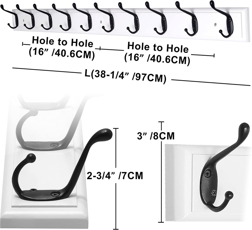 Dseap Coat Rack Wall Mounted: 10-Hooks, 16" Hole to Hole, 38-1/4" Long, Wood Coat Hooks Wall Mounted, Hook Rack, Hook Rail, Hooks for Hanging Coats, White & Black
