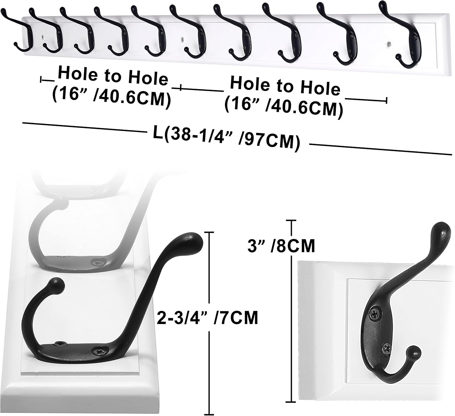 Dseap Coat Rack Wall Mounted: 10-Hooks, 16" Hole to Hole, 38-1/4" Long, Wood Coat Hooks Wall Mounted, Hook Rack, Hook Rail, Hooks for Hanging Coats, White & Black