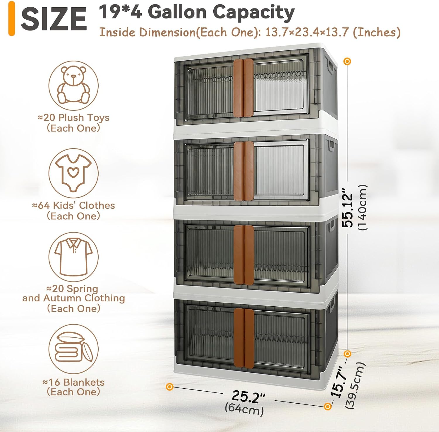 Storage Boxes, Extra Large Cabinet with Lids, 19 Gallon(72L) Capacity (Each One), 4 Packs, Useful Box with Door and Buckles, Foldable, Transparent, Excellent Home Organizers