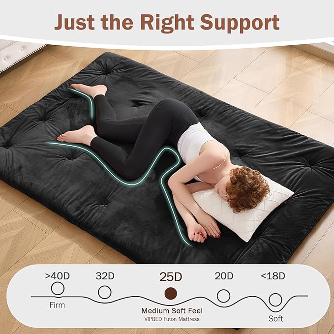 Japanese Floor Futon Mattress Queen Size 60"x 80", 2.5'' Thick Foldable Roll Up Floor Bed Sleeping Pad, 25D Foam Filled Tatami Mat with Straps for Guest Room, Dormitory & Camping, Black
