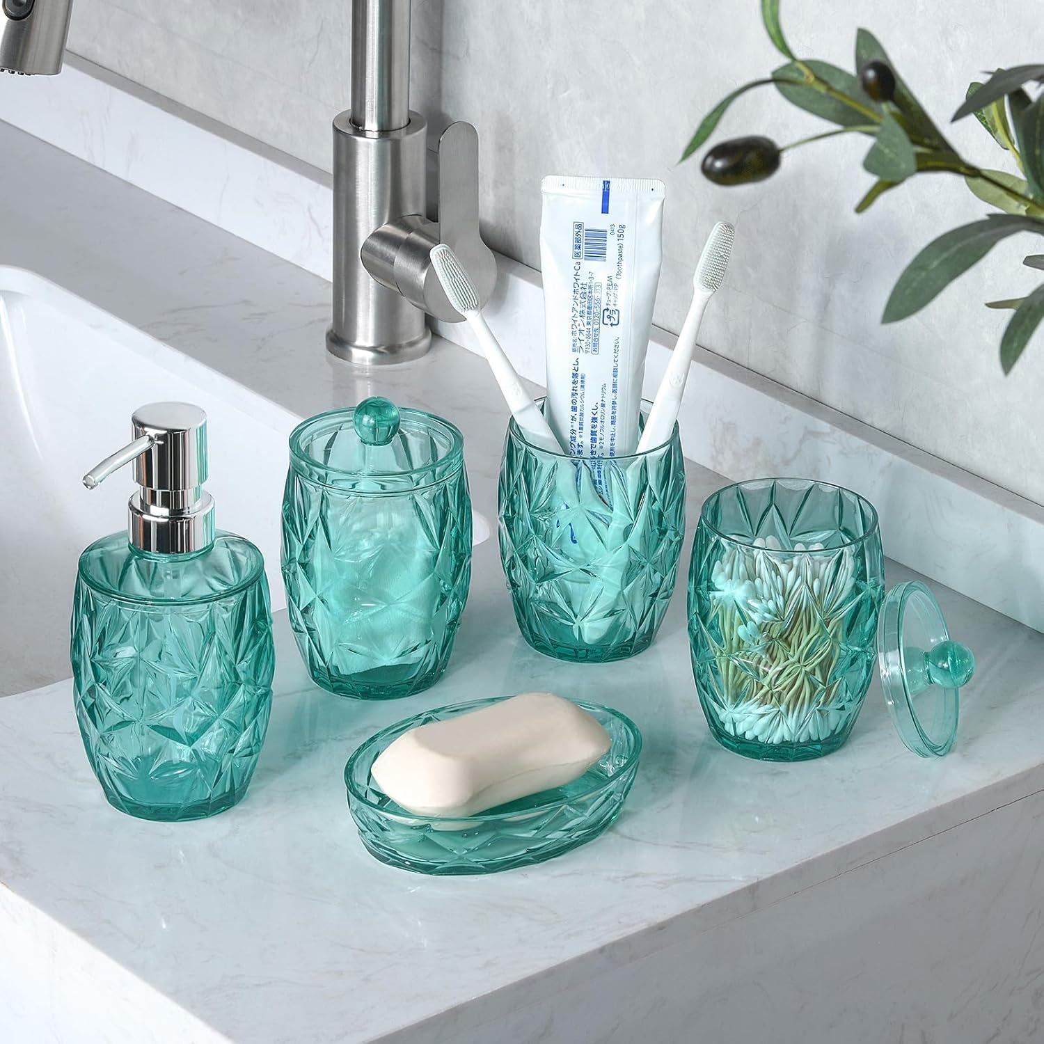 Shatterproof Acrylic Teal Blue Bathroom Accessories Set – Glass-Free, 5-Piece Vanity Set with Lotion Soap Dispenser, Toothbrush/Makeup Brush Holder, 2 Dust-Proof Cotton Jars, and Soap Dish