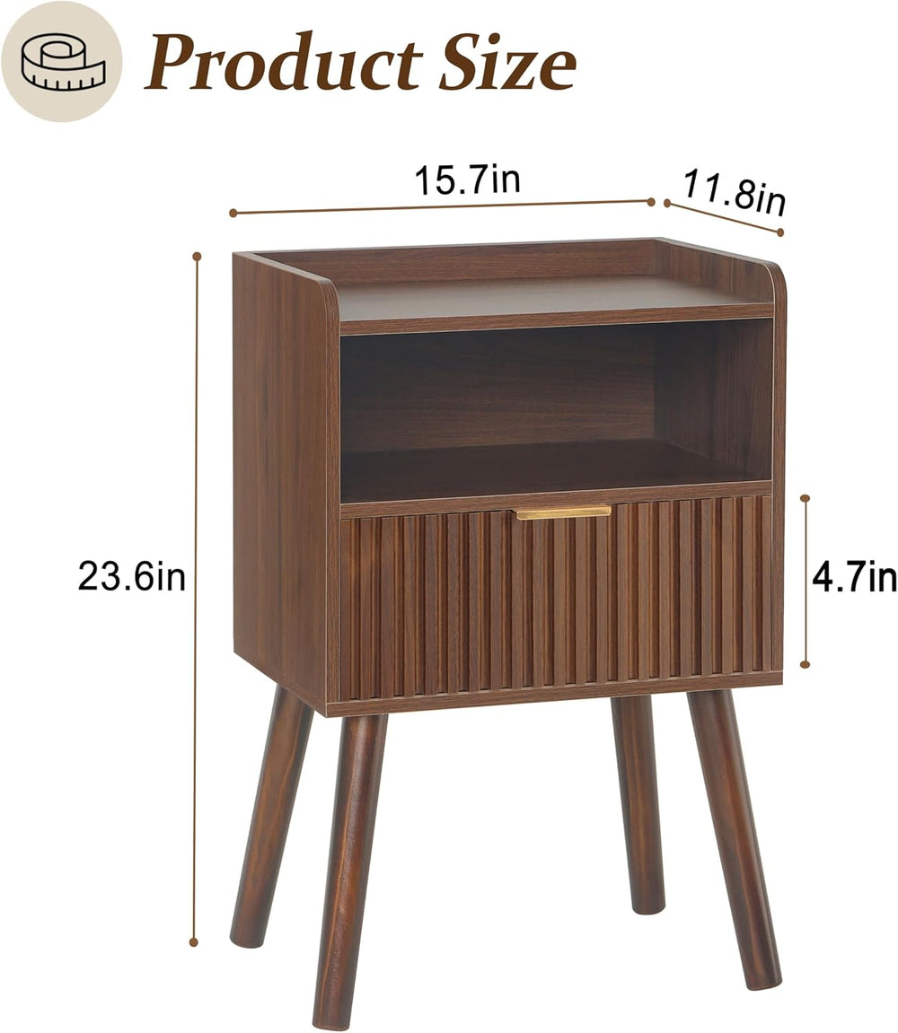 Night Stand, Mid Century Modern Nightstand with Fluted Drawers and Open Shelf...