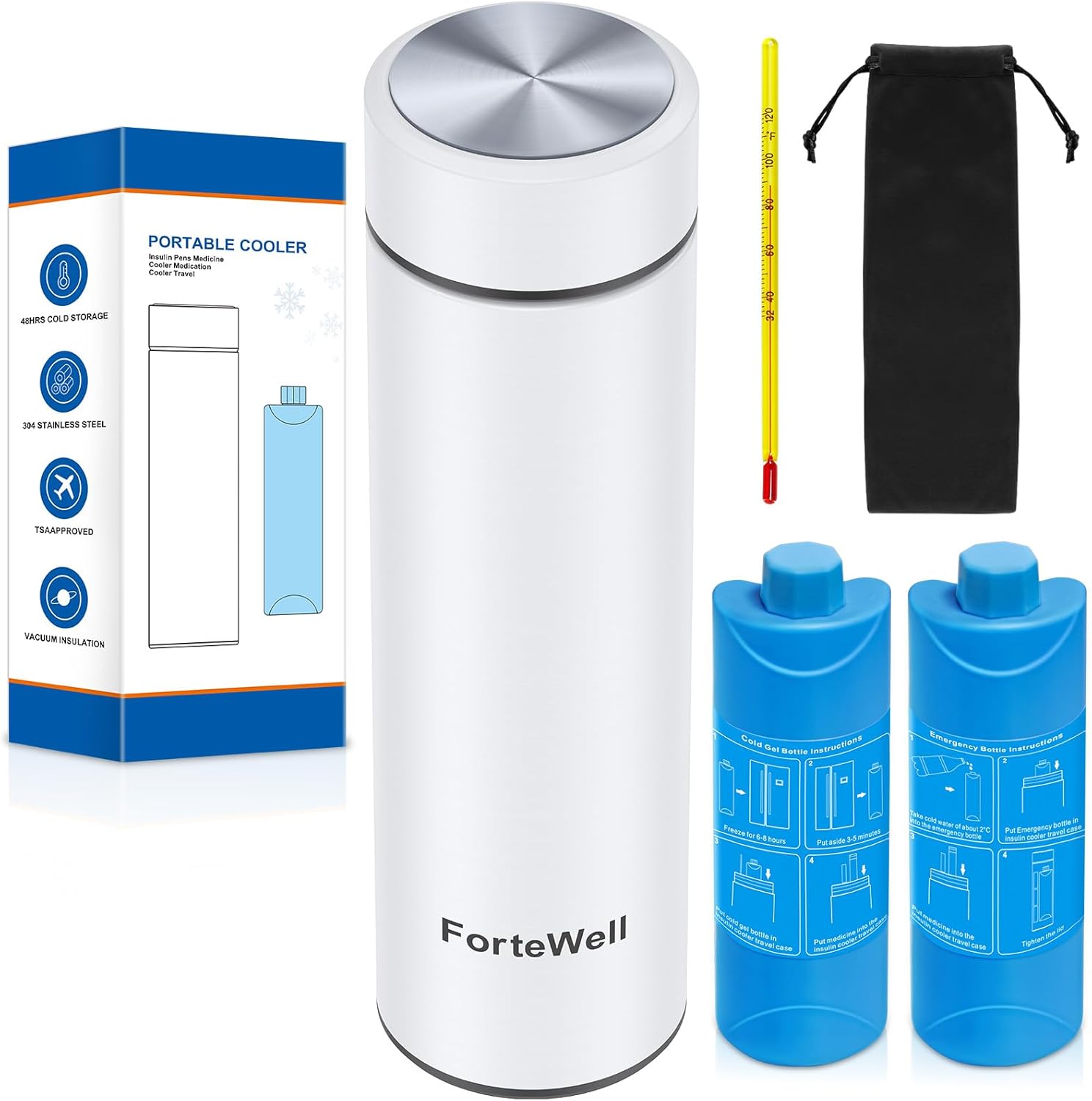 TSA Approved Insulin Travel Cooler – Compact Medication Travel Case for Diabetics – 60H Cooling for 2-3 Insulin Pens – Ideal Travel Cooler for EpiPens (White)