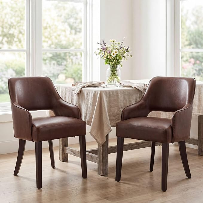 DM FurnitureFarmhouse Dining Chairs Set of 4, PU Leather Upholstered Dining Chairs with Arms, Mid Century Modern Solid Wood Kitchen Chairs, Comfortable Accent Chairs for Dining/Living Room, Brown