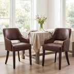 DM FurnitureFarmhouse Dining Chairs Set of 4, PU Leather Upholstered Dining Chairs with Arms, Mid Century Modern Solid Wood Kitchen Chairs, Comfortable Accent Chairs for Dining/Living Room, Brown