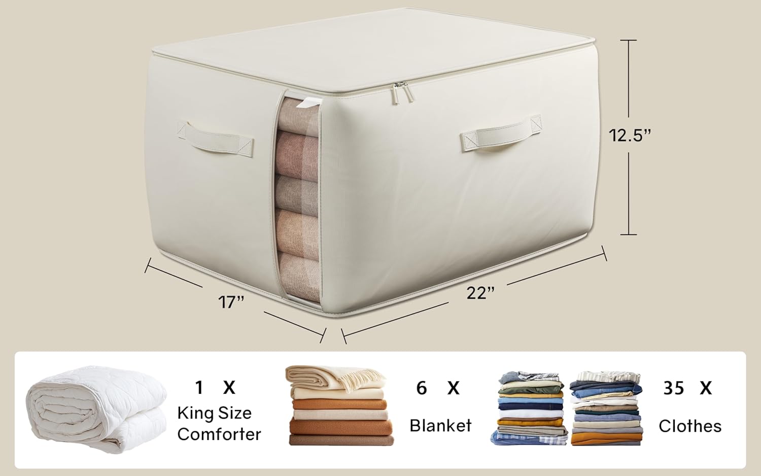 Large Canvas Clothes Storage Bags with Thick Handles and Clear Window, Foldable Cotton Linen Closet Organizer for Clothing, Blankets and Bedding, 70L, 2 Pack, Beige