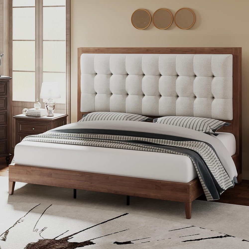 Jocisland Queen Bed Frame Solid Wood,50" Tall Upholstered Headboard,Walnut