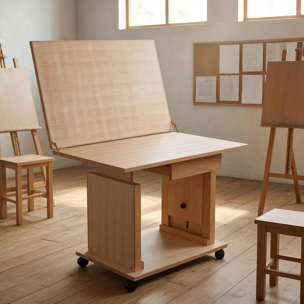 Adjustable Tilting Drafting Table Liftable Cabinet Base Beech Wood Structure ...