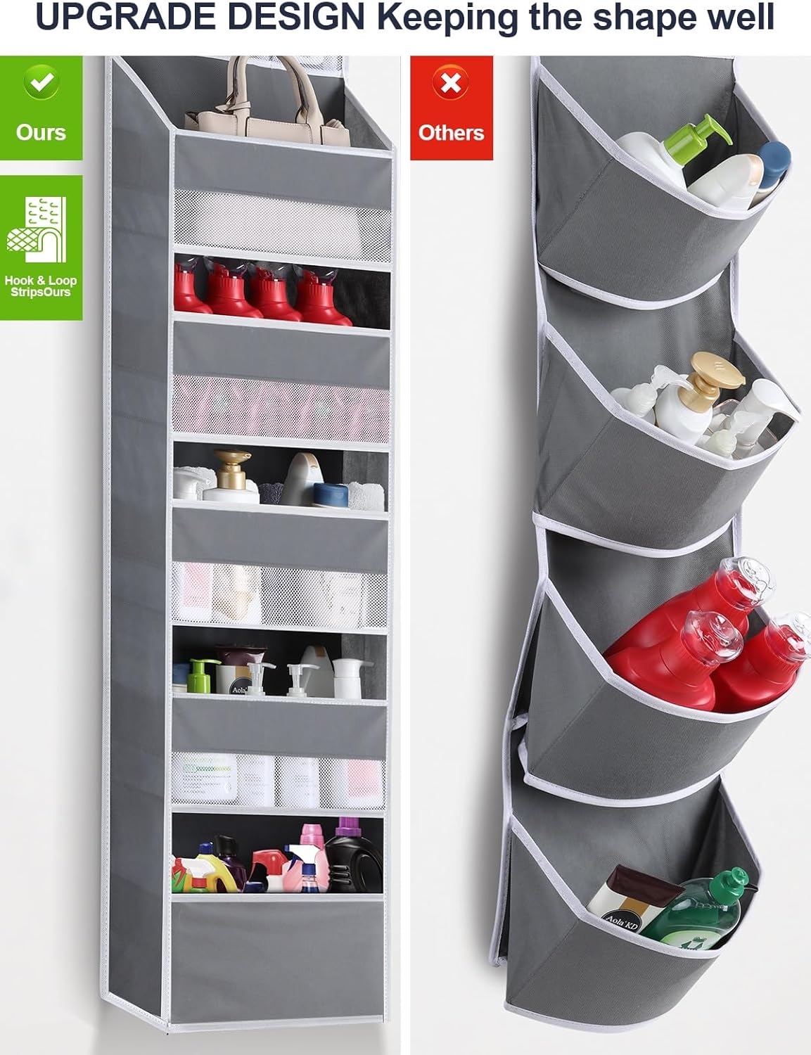 Over the Door Organizers - 5 Shelf Hanging Door Storage with 5 Spacious Pockets, Anti -Tilt 44 lb Load Behind Door Organizer for Bedroom,Nursery,Bathroom,Kitchen,Dorm,Pantry - 1 Pack,Grey