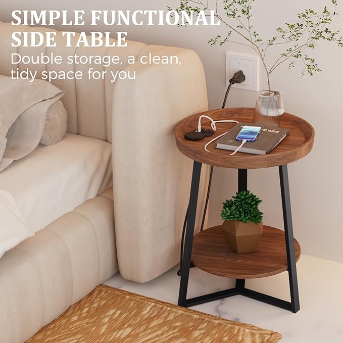 Gadroad Round End Table with Charging Station, USB Ports, Wood Tabletop &...