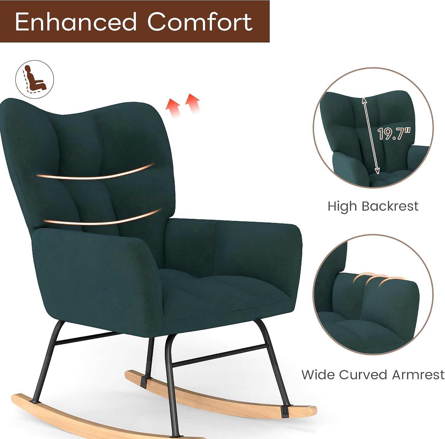 Nursery Rocking Chair, Rocking Chairs for Nursery, Green | Glider Rocker, Anti-Tip Safety Design, 440 Lb Weight Capacity, Cotton Fabric Cover, Padded Seat, for Living Room Bedroom
