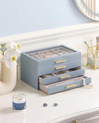 Lolalet Jewelry Box Organizer, 4-Layer Jewelry Organizers and Storage Case with Glass Lid, Ring Earring Bracelet Necklace Holder Organizer, Birthday Christmas Gifts for Women Girls -4Layer, HazeBlue