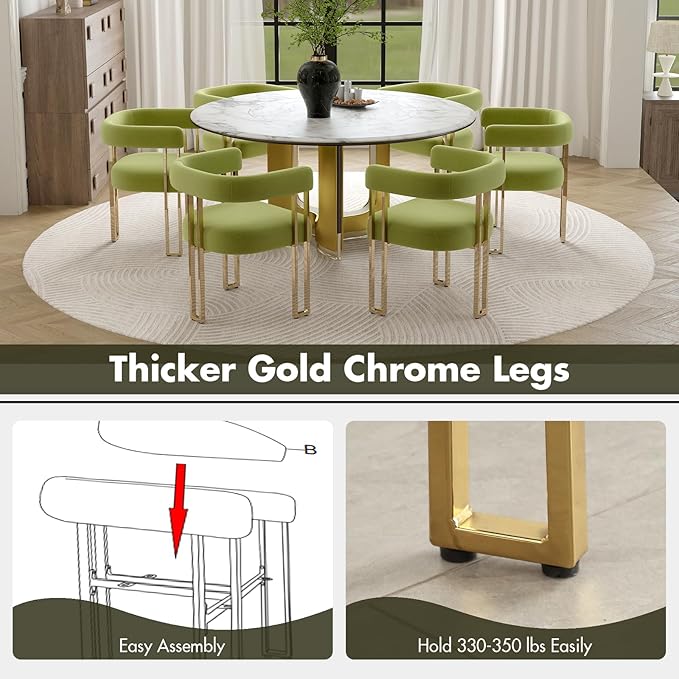 Green and Gold Modern Dining Chairs Set of 4, Velvet Upholstered Barrel Armch...
