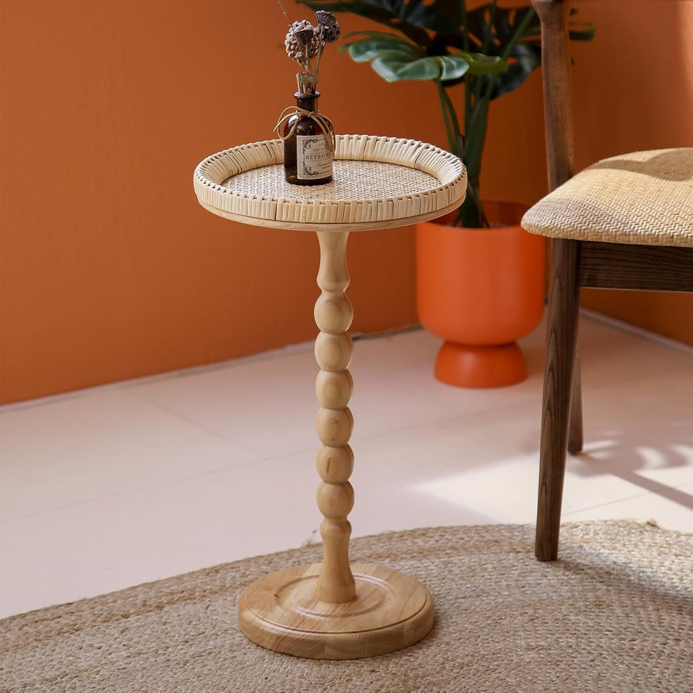 Drink Table，Rattan Round Small Side Table for Small Spaces, Boho Circle End T...
